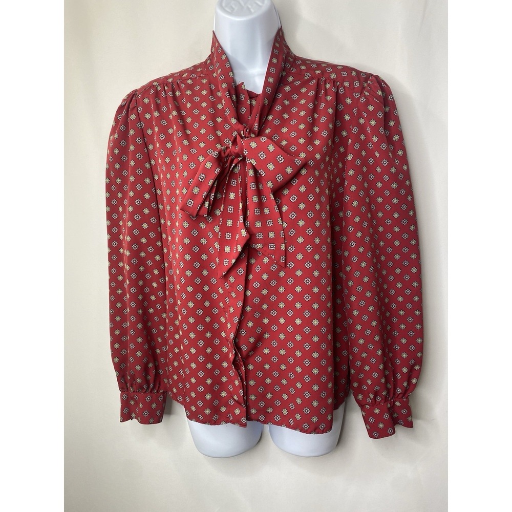 Vintage Sasson Women's Tie Front Shirt Puff Sleeve Mary Tyler Moore Preppy Nerdy
